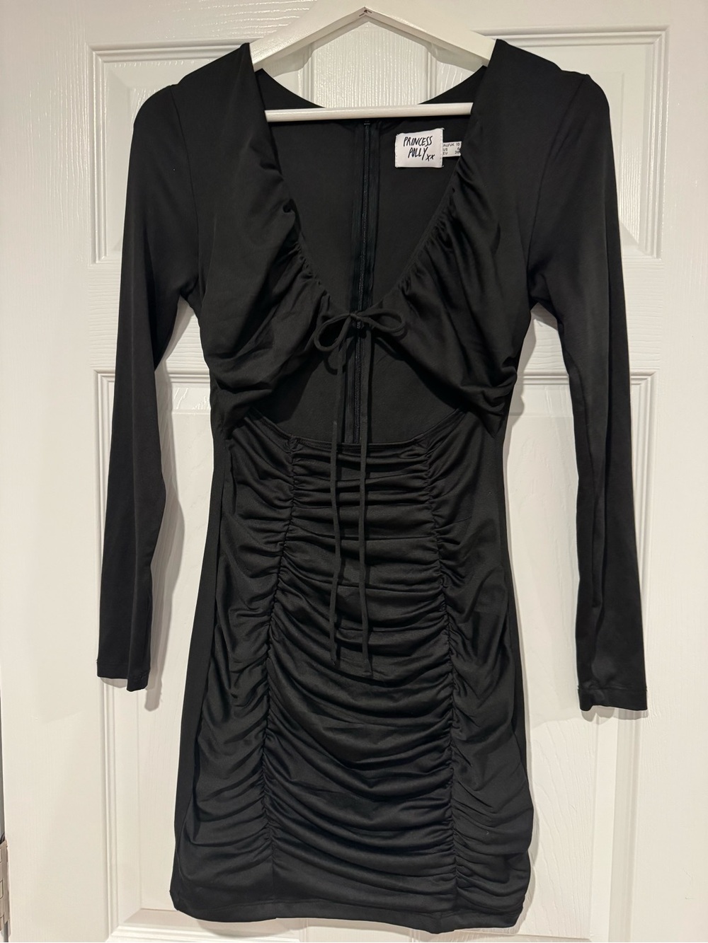 Princess Polly Black Ruched Tie-Front Long-Sleeve Mini Dress